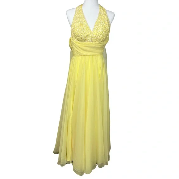 Mike Benet | Dresses | Vtg Mike Benet Formals Floor Length Yellow Chiffon  Dress Halter Top Sequin Traa | Poshmark